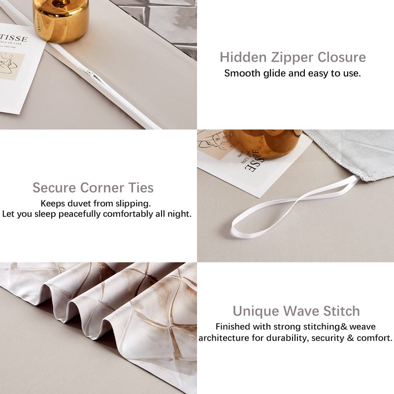 MILDLY 100% Long-Staple Cotton Duvet Cover Set Gray Beige Geometric Pattern Printed Comforter Cover 3pcs, Ultra Soft & Breathable Bedding Set - Image 5